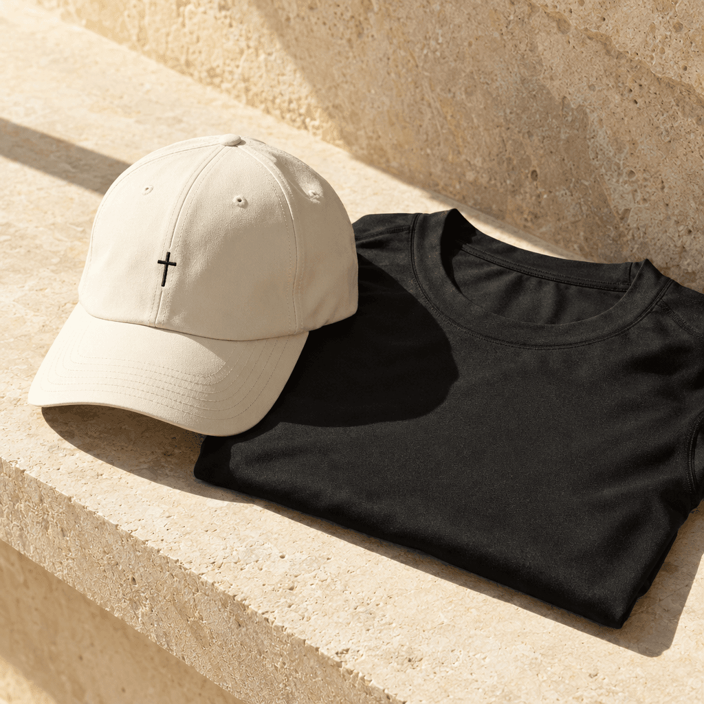 Cream athletic cap with a small embroidered cross