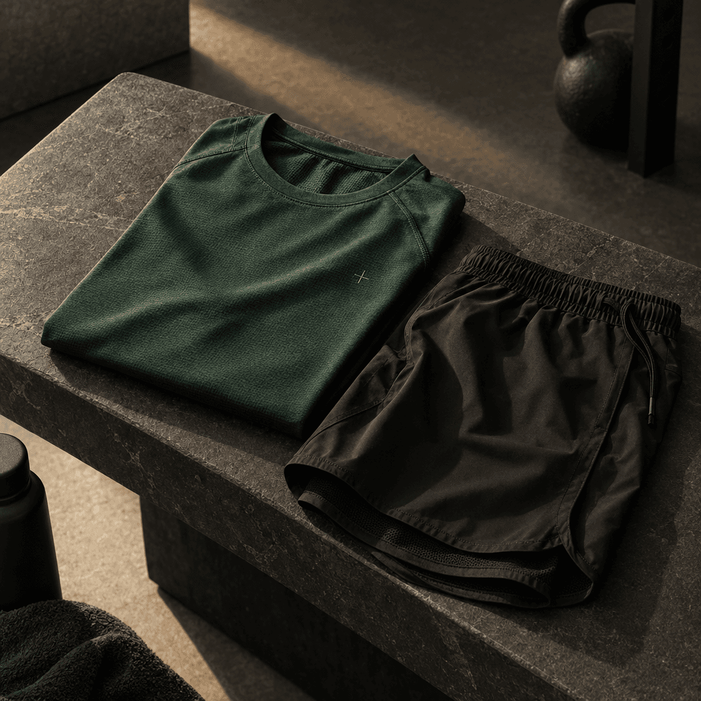 Forest green performance shirt and black training shorts on a studio bench
