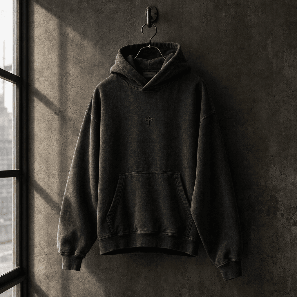 Washed black heavyweight hoodie with a subtle cross emblem