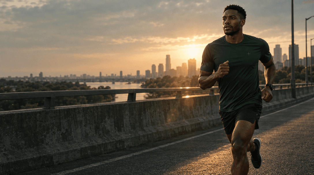 Runner in a forest green training shirt on a city bridge at dawn